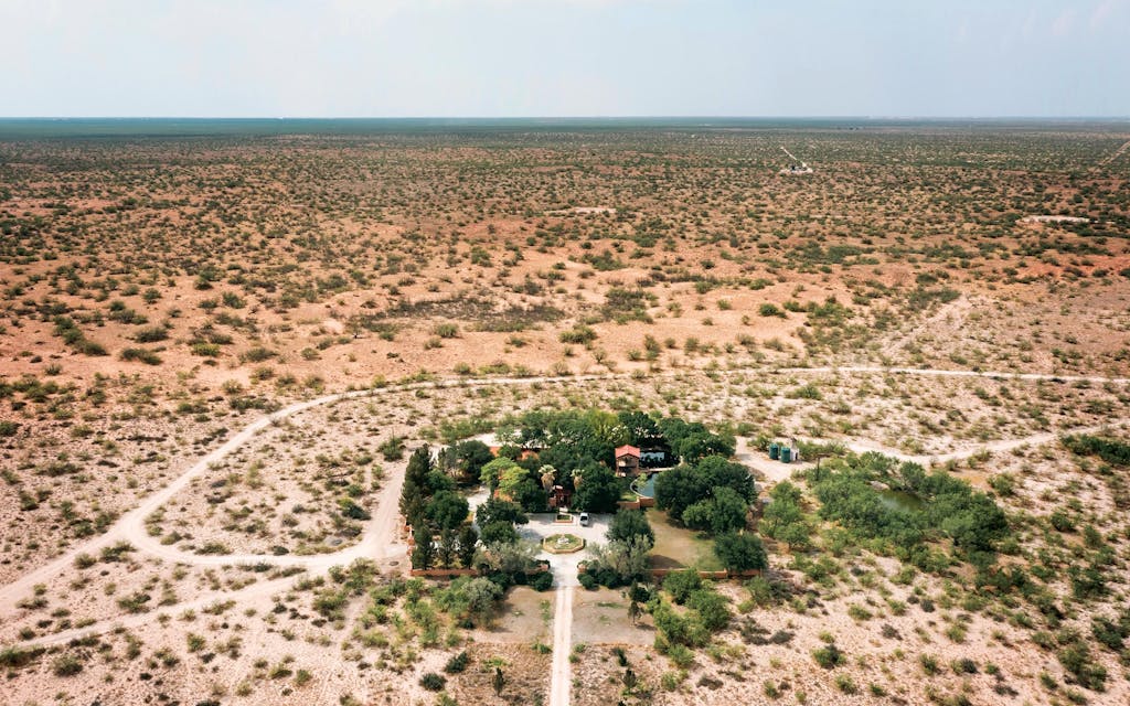 An overhead view of Ashley Watt’s ranch house, the Hacienda.