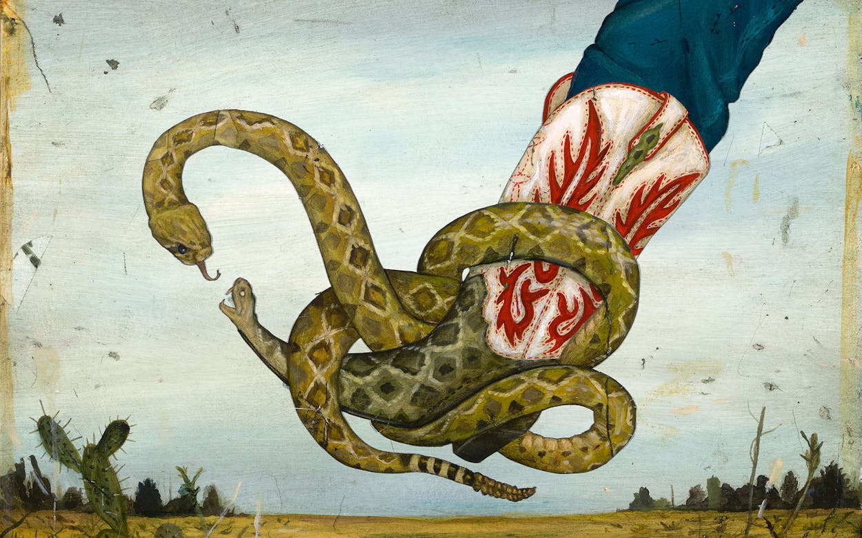 Illustration of a rattlesnake wrapped around someone's cowboy boot.