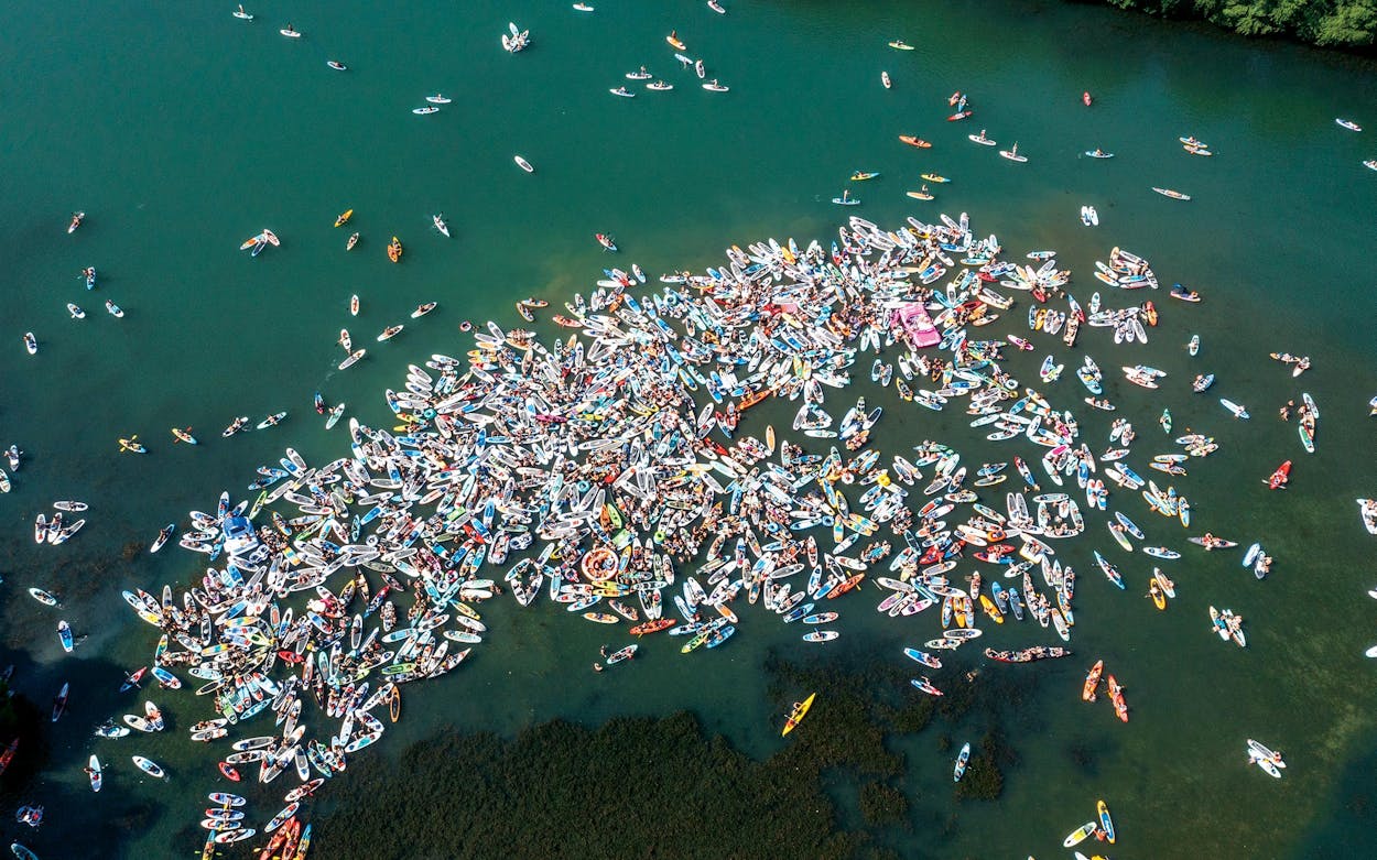 Party Island—a.k.a. “the Sandbar” or “the Brotilla”—the floating gathering that appears on Lady Bird Lake.