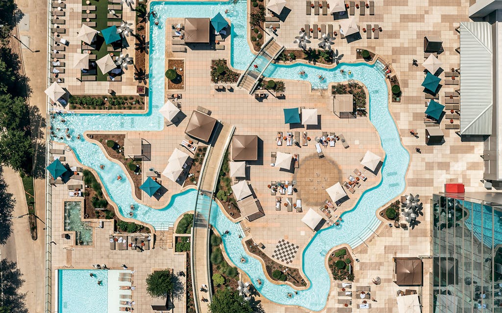 The lazy river on the rooftop of the Marriott Marquis Houston, seen from above, is in the shape of the state of Texas.