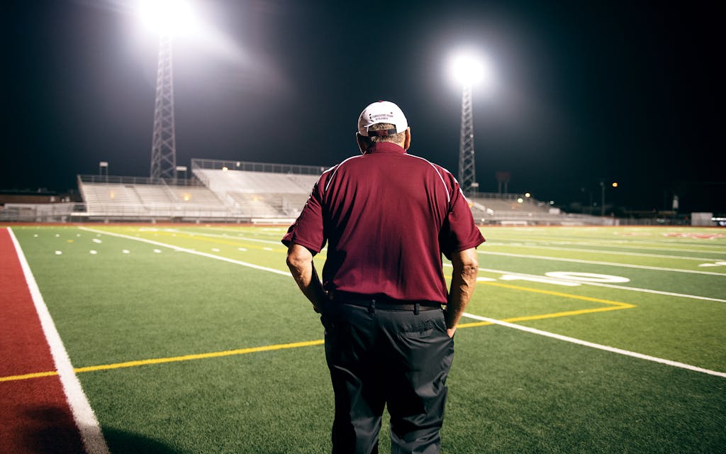 Coach Phil Danaher on the Calallen High School football field in 2019.