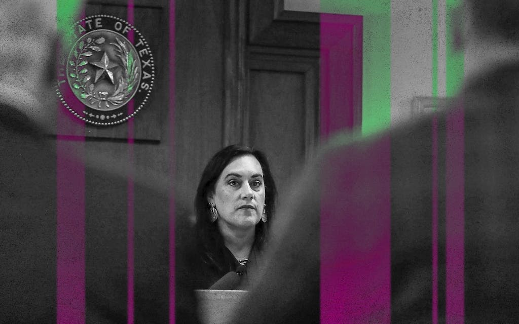 Judge Maya Guerra Gamble speaks to Alex Jones during his trial at the Travis County Courthouse in Austin on July 26, 2022.