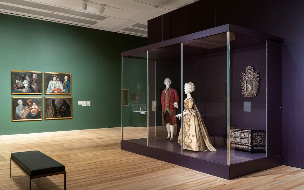 Installation view of Painted Cloth: Fashion and Ritual in Colonial Latin America, Blanton Museum of Art, The University of Texas at Austin.