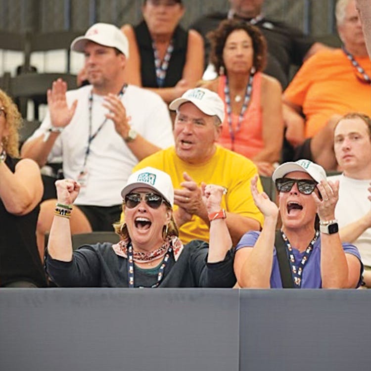 Brené Brown (front left) cheering on her team, ATX Pickleballers, at a Major League Pickleball tournament on June 5, 2022.