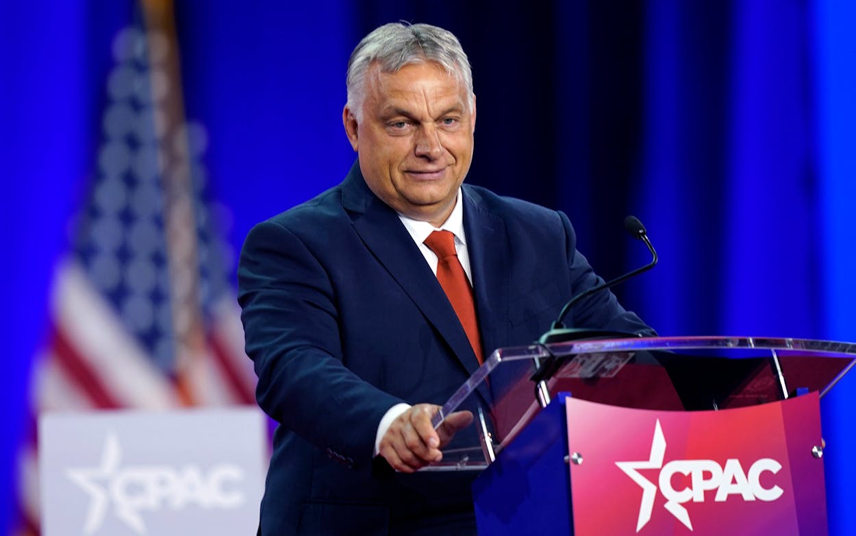 Hungarian Prime Minister Viktor Orban pauses while speaking at the Conservative Political Action Conference (CPAC) in Dallas, Thursday, Aug. 4, 2022.