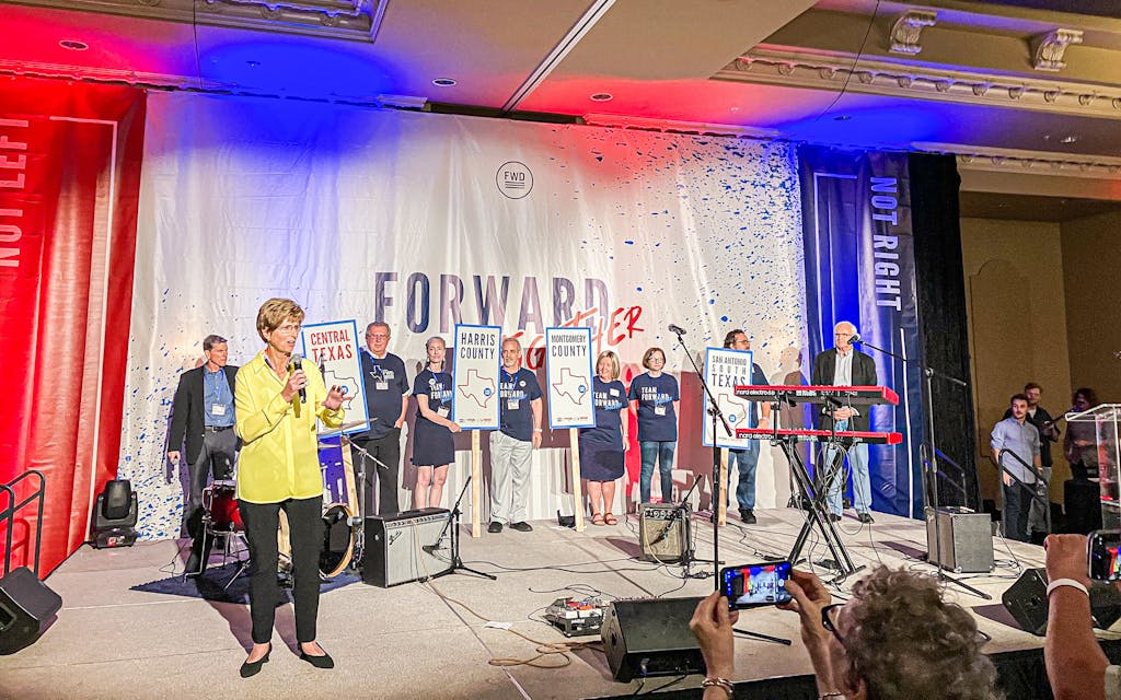 Christine Todd Whitman gives closing remarks national launch of the Forward Party on September 24 in Houston. Whitman is the former Republican governor of New Jersey and co-chair of the party.
