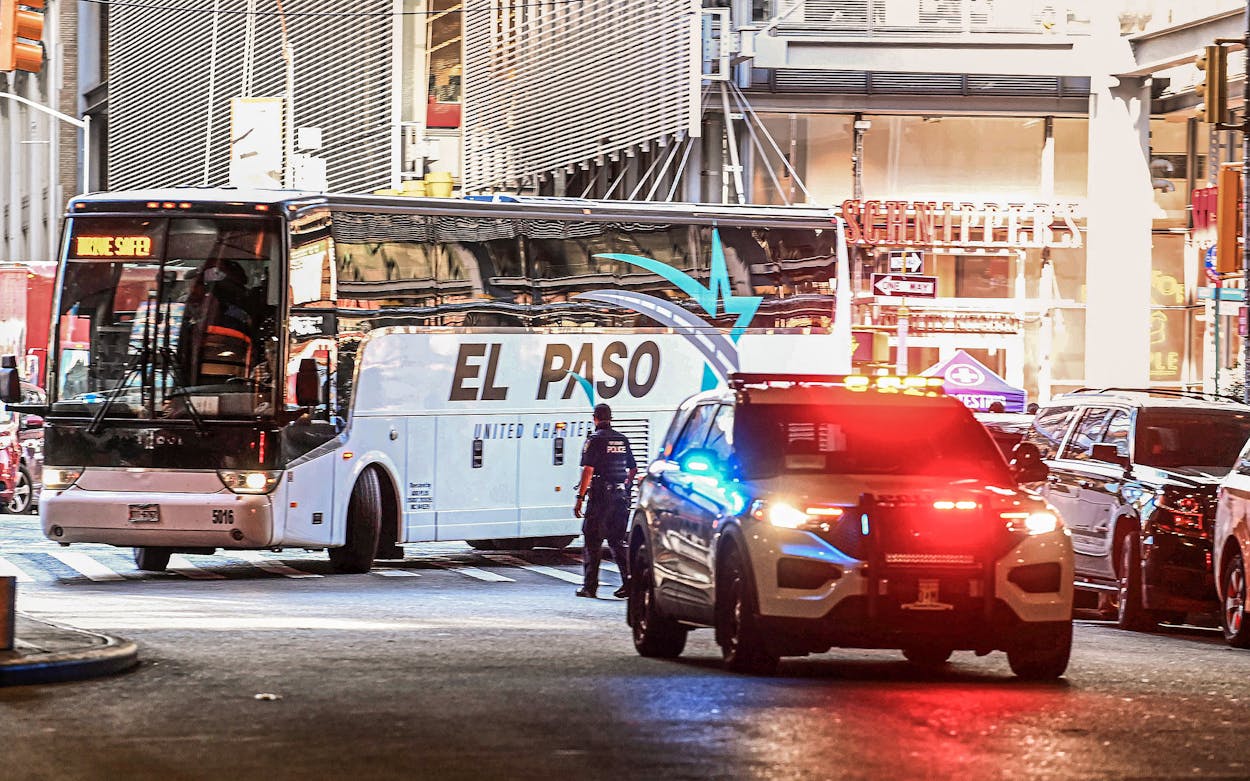 A bus of immigrants sent by Governor Greg Abbott from the Texas border with Mexico arrives in New York City on September 2nd.