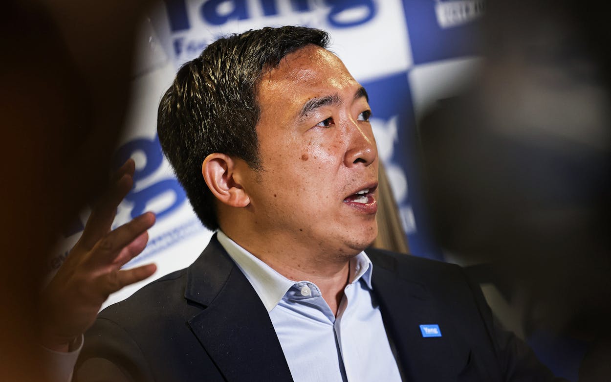 Andrew Yang speaks during a press conference on June 21, 2021 in New York City.
