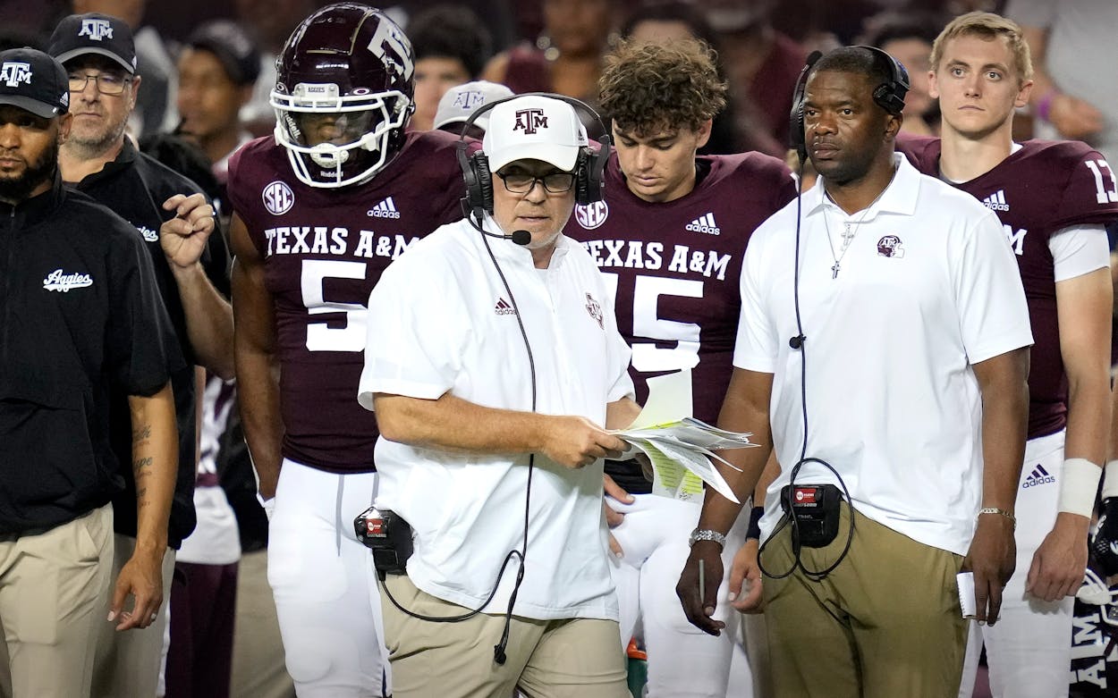 Texas A&M head coach Jimbo Fisher looks on as his offense starts a play against Miami during the second half of an NCAA college football game Saturday, Sept. 17, 2022, in College Station, Texas.