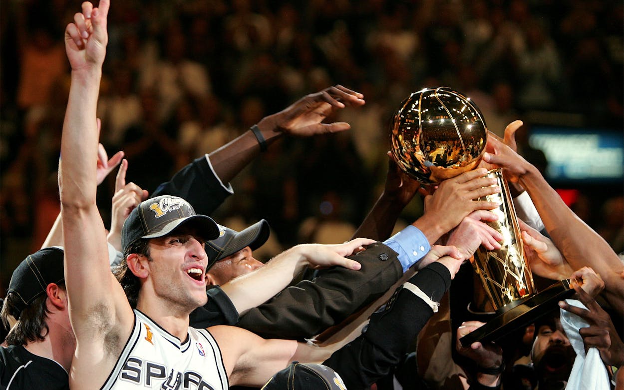 Manu Ginobili celebrates after the Spurs defeat the Detroit Pistons in Game 7 of the 2005 NBA Finals in San Antonio.