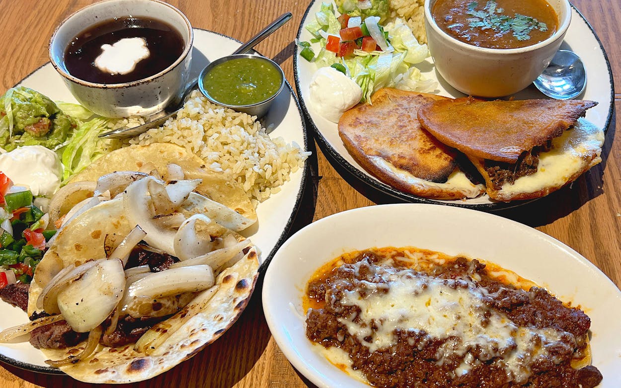 The tacos al carbon, brisket chile con carne enchiladas, and pan-fried tacos from Odelay in Dallas.