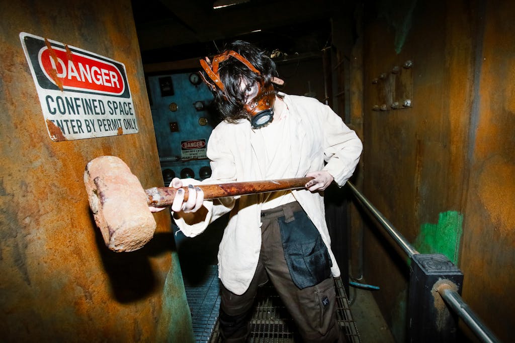 An actor gets in position to prepare for a scare inside Purgatory Scream Park.