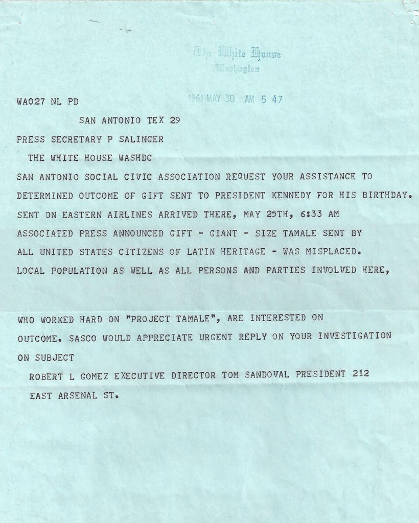 The telegram sent by Gomez to White House press secretary Pierre Salinger.