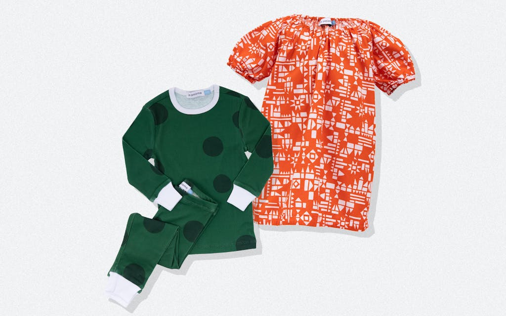 The organic cotton pajamas in evergreen and the parker house dress in the scandi shapes pattern from La Paloma.