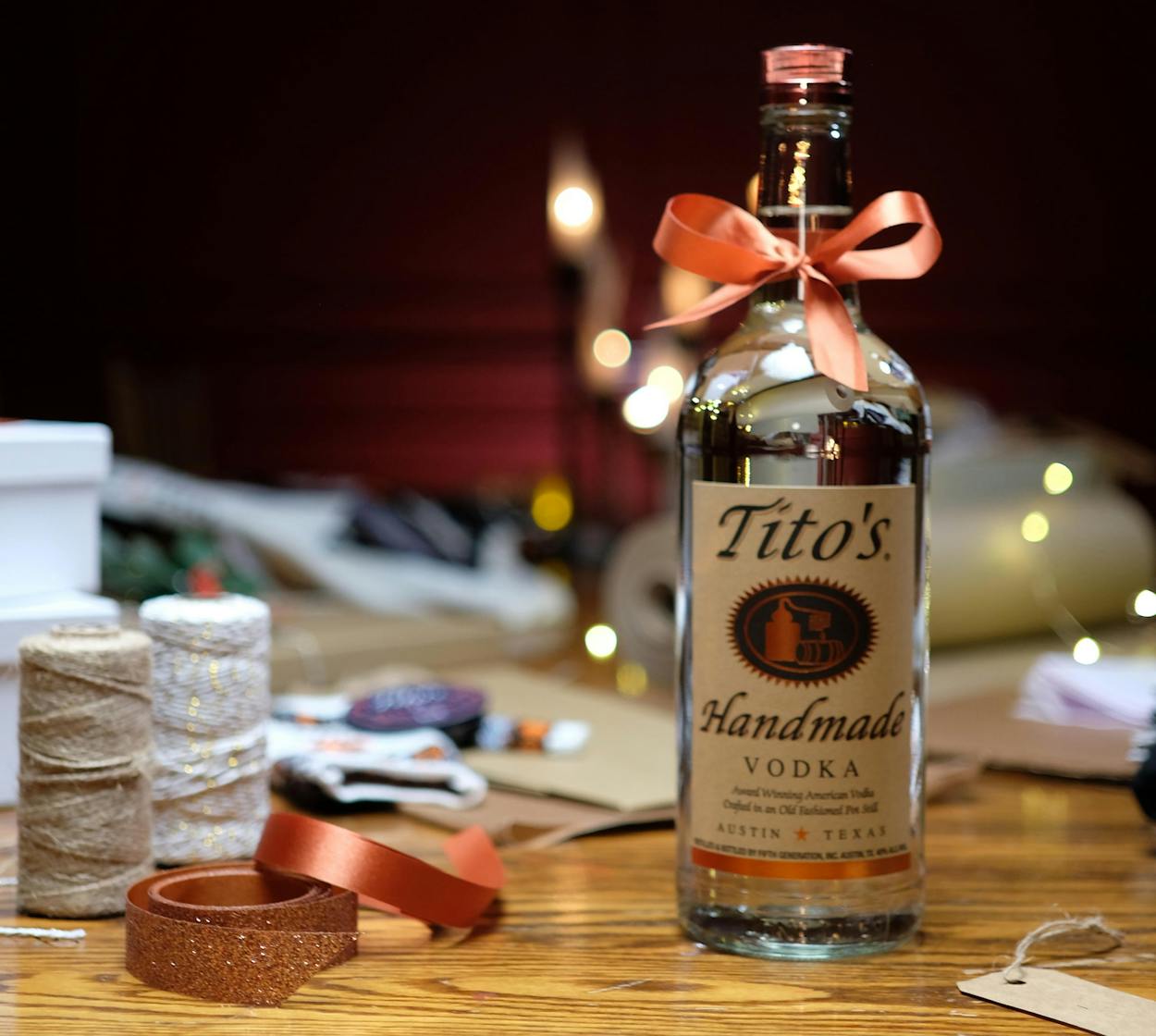 Tito's bottle ready for gift-wrapping.