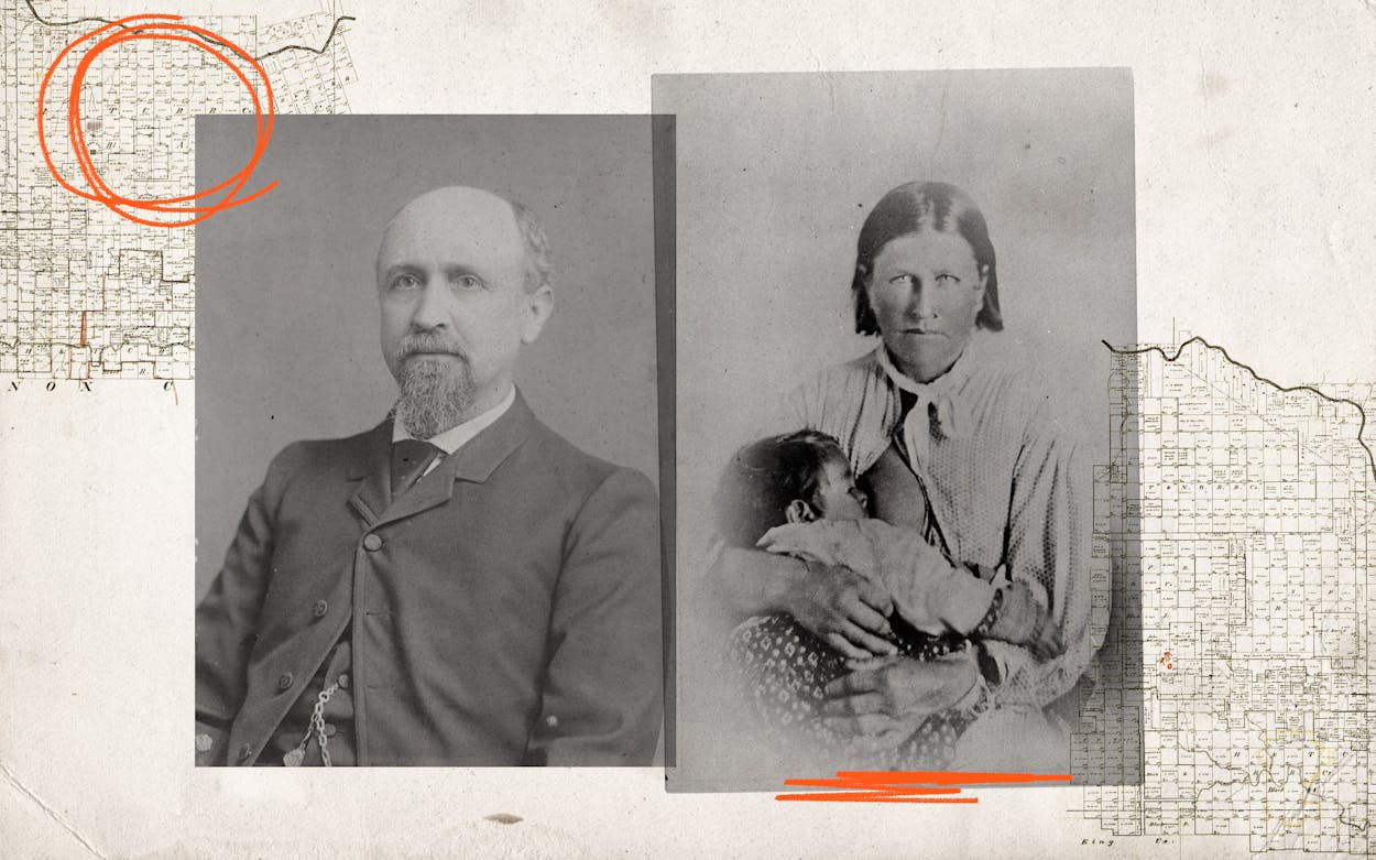 Left: Brigadier General Lawrence Sullivan Ross; Right: Cynthia Ann Parker nursing her daughter Topsannah (Prairie Flower) in 1861.