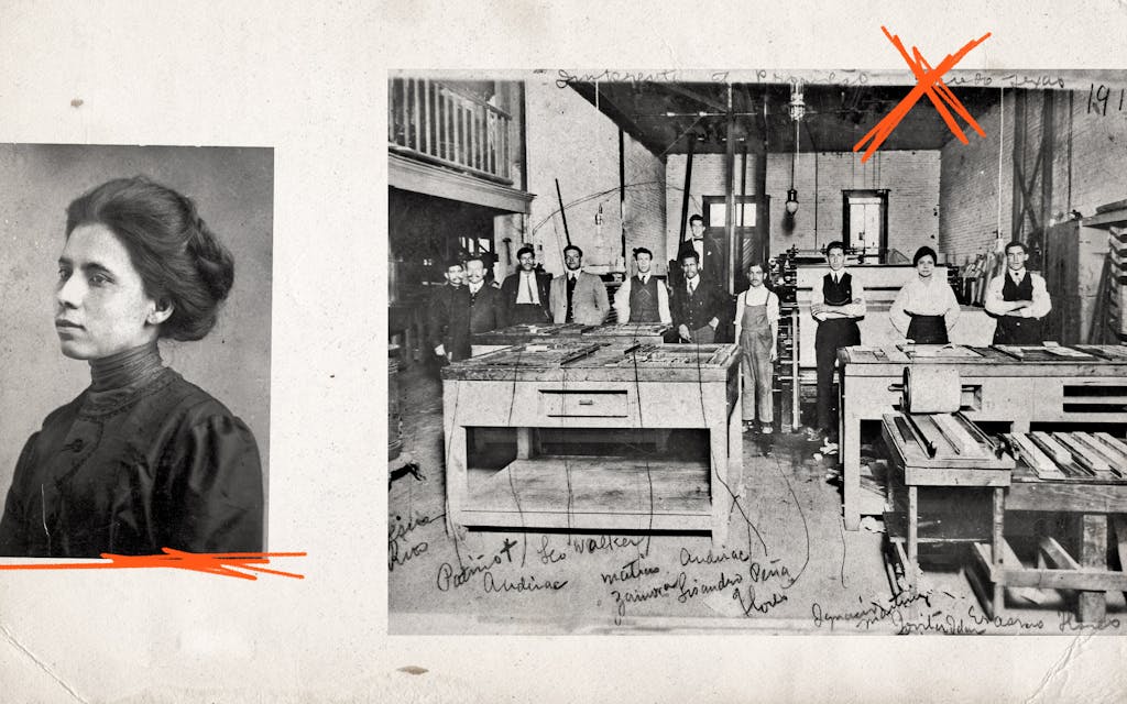 Jovita Idár circa 1905; Employees including Idár (second from right) in the print shop of El Progreso newspaper in Laredo in 1914.