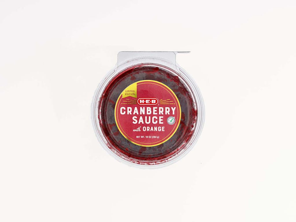Product photo of H-E-B cranberry sauce with orange. 