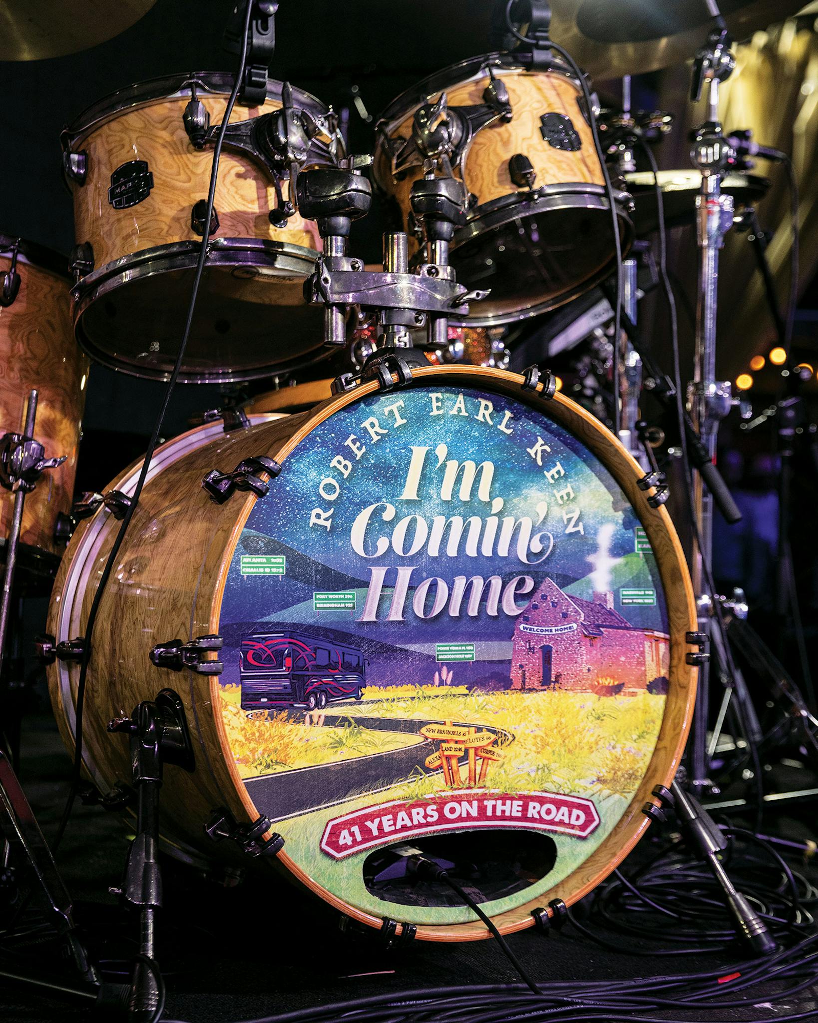 A drum head commemorating Robert Earl Keen’s 41 years on the road is seen at John T. Floore’s Country Store in Helotes, Texas, on Sept. 3, 2022.