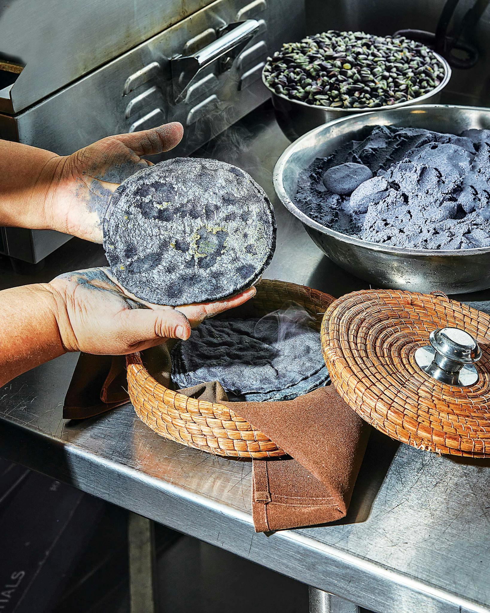 Freshly made blue-corn tortillas at Don Artemio in Fort Worth.