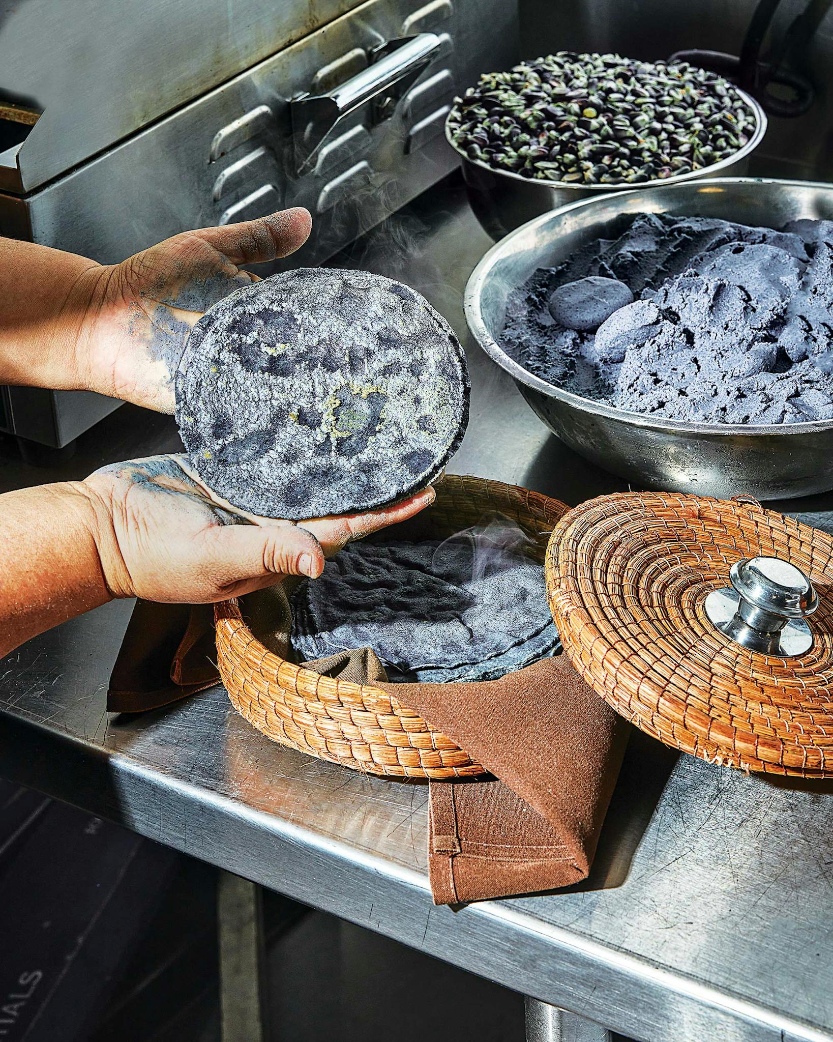 Freshly made blue corn tortillas from Don Artemio in Fort Worth.