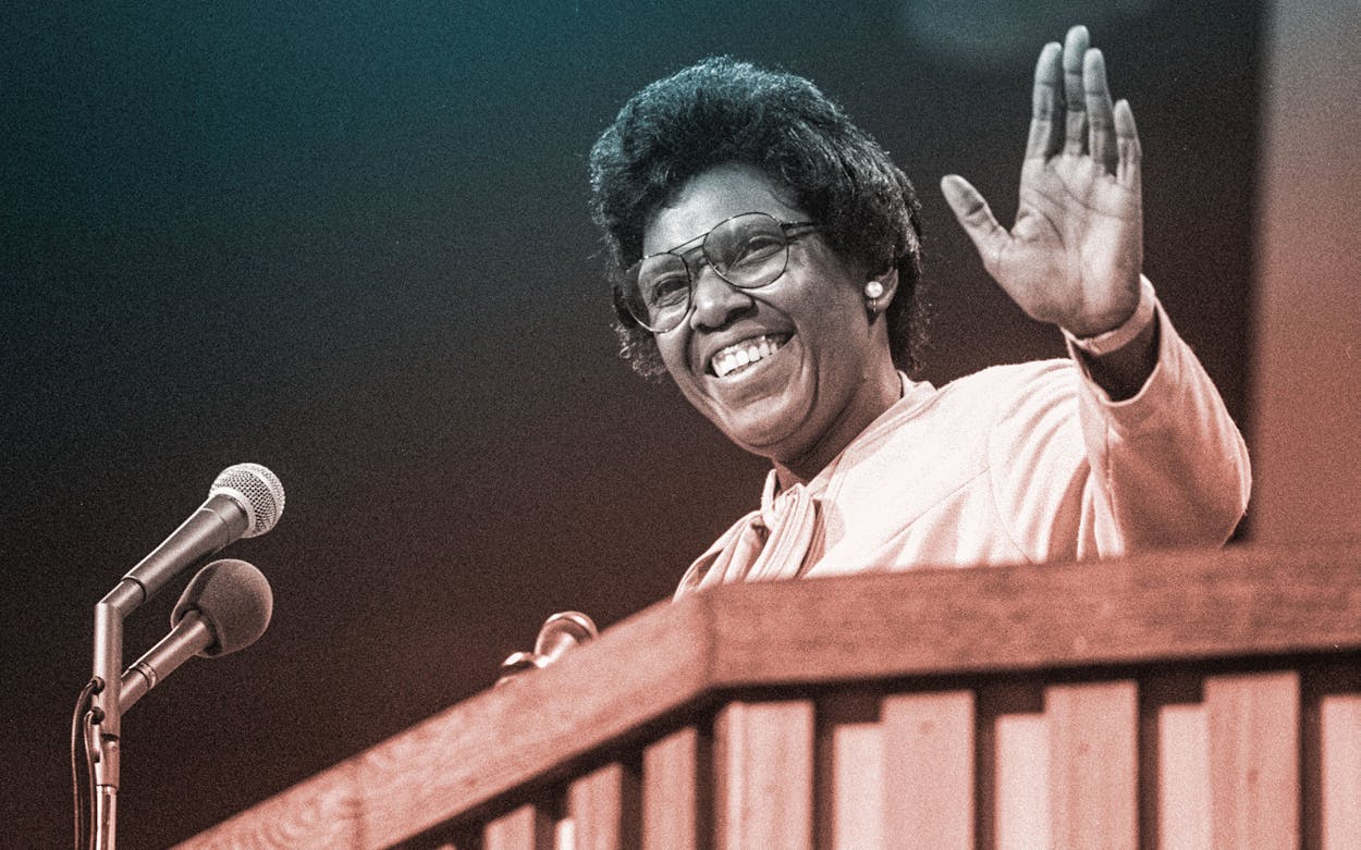 Barbara Jordan waves to the crowd before her keynote speech at the Democratic National Convention on July 12, 1976.