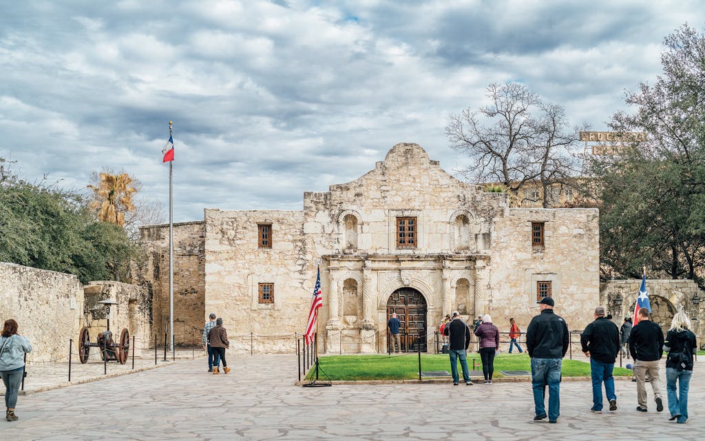 The Alamo’s church, with its arched gable added fourteen years after the siege, as it looks today.