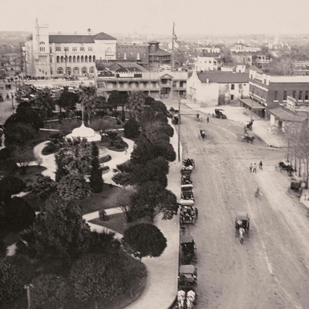 Alamo Plaza in 1909. The church many think of as “The Alamo” is visible in the upper right section of the photograph.
