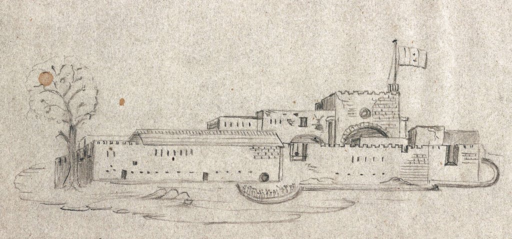 A sketch made by an officer in the Mexican Army, José Juan Sánchez-Navarro, at around the time of the 1836 siege.
