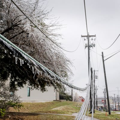Frozen power lines are seen hanging near a sidewalk on February 01, 2023 in Austin, Texas. A winter storm is sweeping across portions of Texas, causing massive power outages and disruptions of highways and roads.