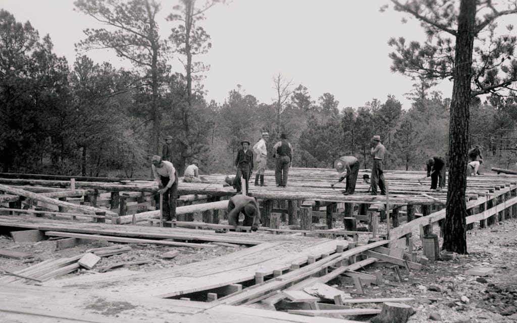 A building under construction by the CCC in Bastrop State Park, around 1934.