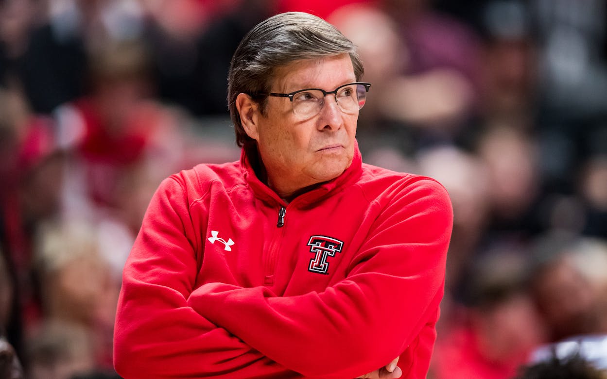 Head coach Mark Adams of the Texas Tech Red Raiders looks on during the first half of the college basketball game against the TCU Horned Frogs at United Supermarkets Arena on February 12, 2022 in Lubbock, Texas.