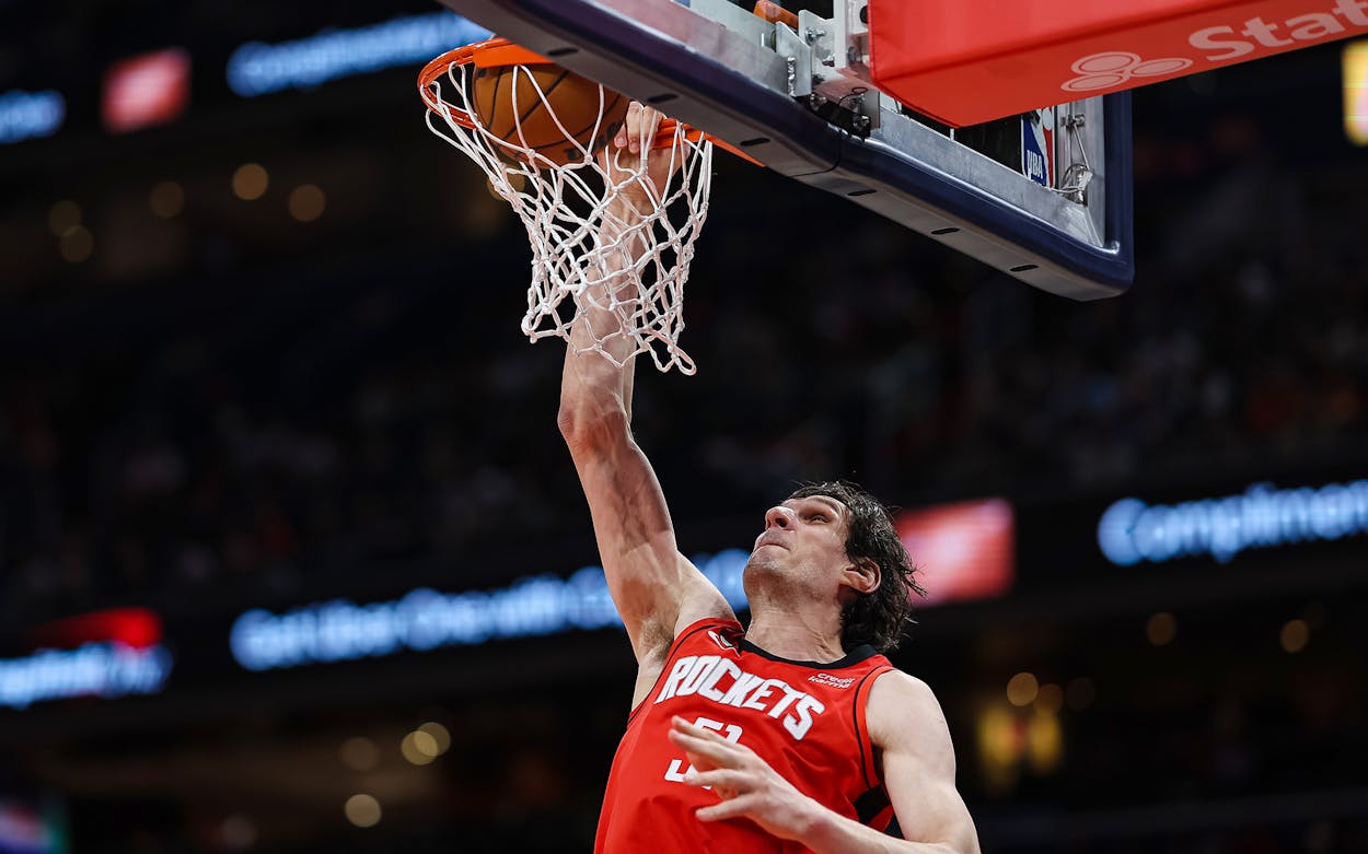 Boban Marjanović #51 of the Houston Rockets dunks against the Washington Wizards during the first half at Capital One Arena on April 9, 2023 in Washington, DC.
