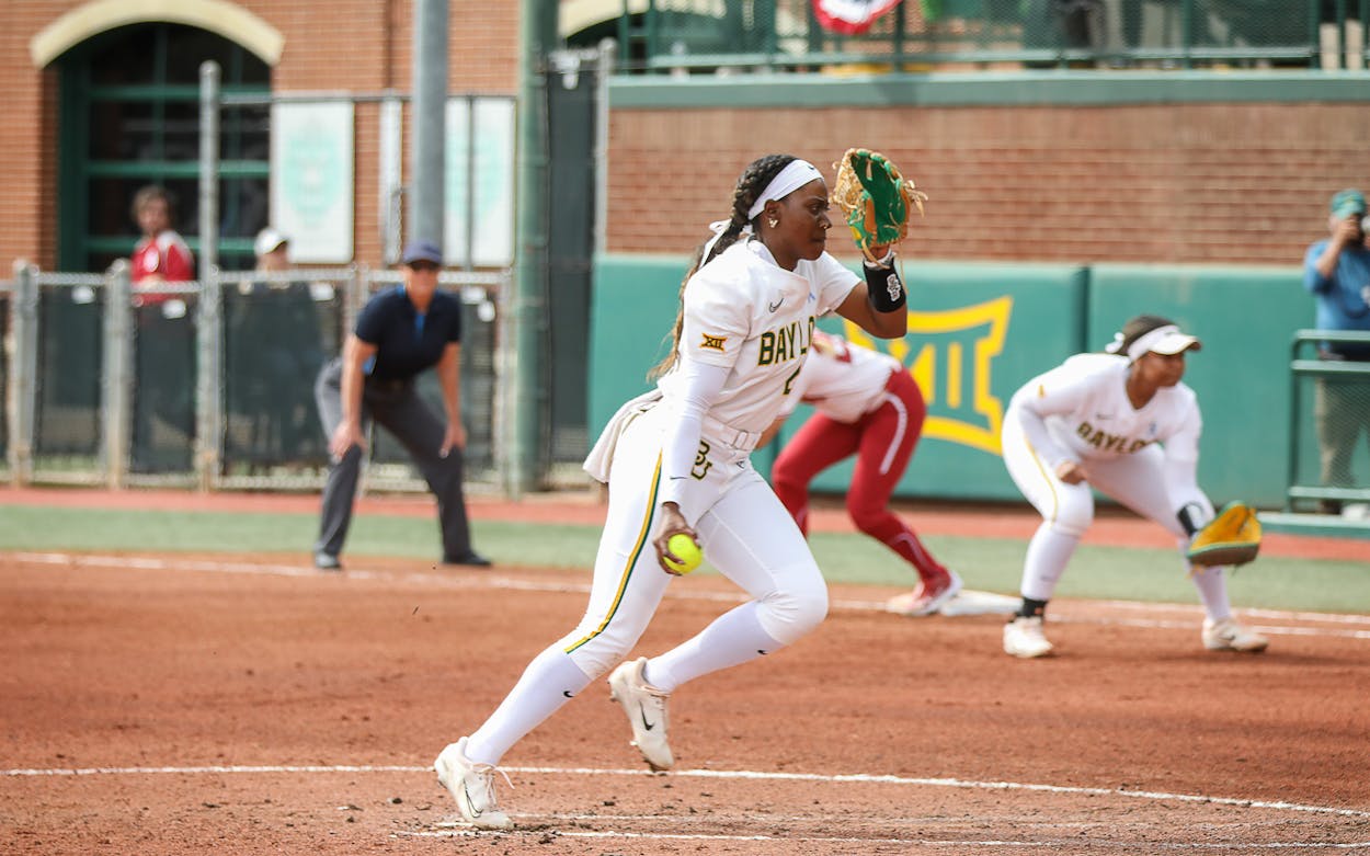 Baylor's Dariana Orme pitches a winning game against Oklahoma on February 19, 2023 in Waco, the only OU loss this season.