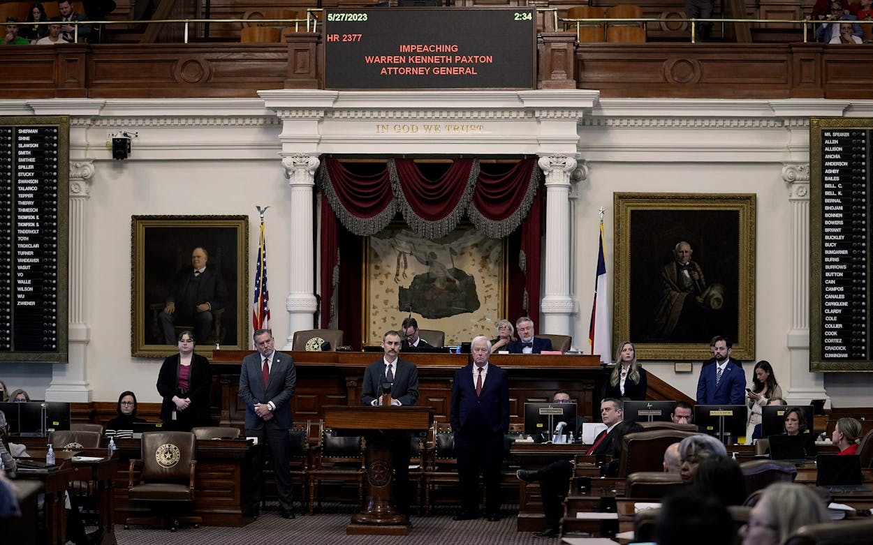 Representative Andrew Murr speaks during the impeachment proceedings against state Attorney General Ken Paxton in the House Chamber on May 27, 2023.