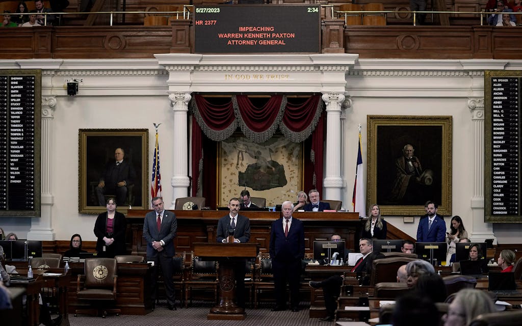 Representative Andrew Murr speaks during the impeachment proceedings against state Attorney General Ken Paxton in the House Chamber on May 27, 2023.