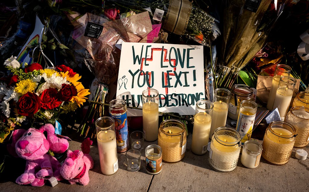 Teddy bears, candles, flowers and hand-written messages are among the items left for Lexi Rubio at a makeshift memorial to the victims of the mass shooting in Uvalde, Texas, on May 28, 2022.