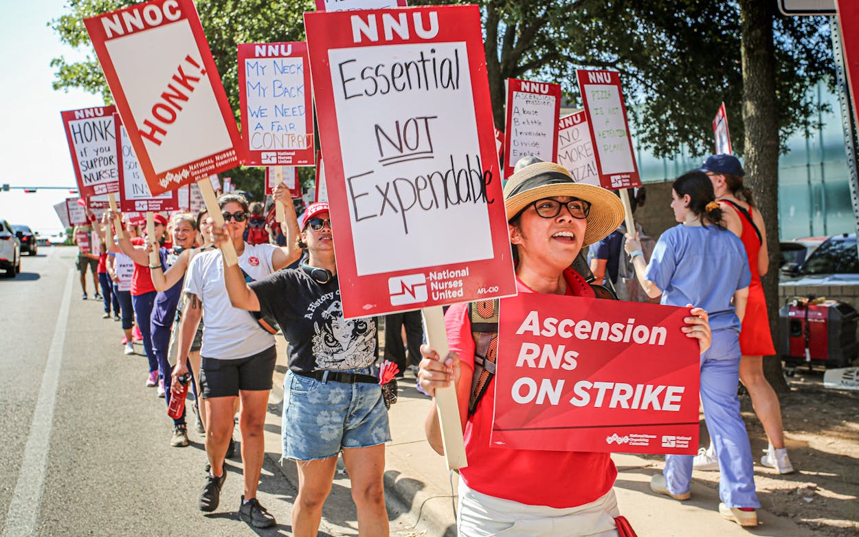 Nurses protest in front of Austin's Ascension Seton Medical Center during a one-day strike for better working conditions on June 27th, 2023.