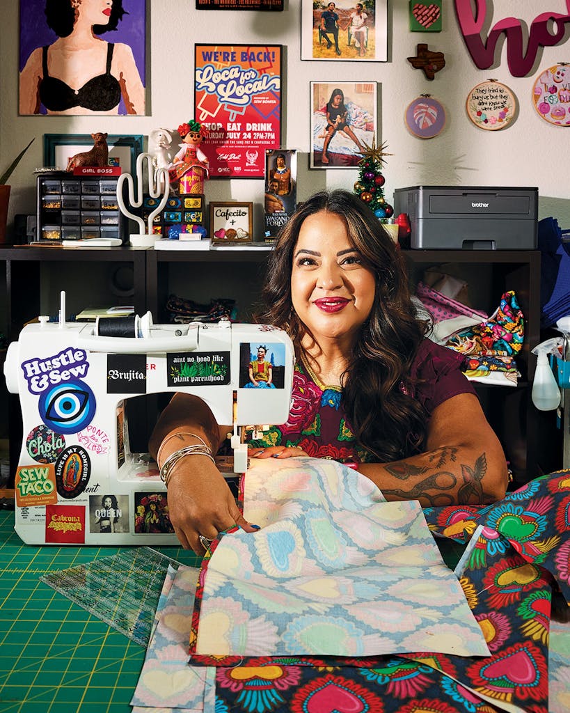 Elena Flores sewing at home.