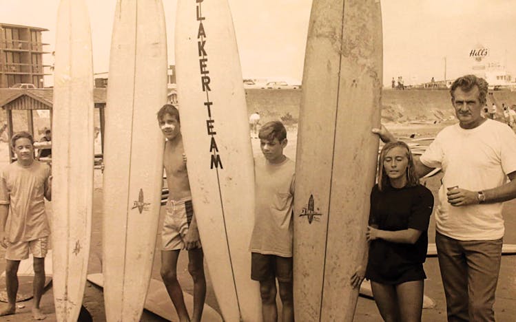 Mack Blaker, far right, with the 1966 Blaker’s Water Sports surf team, which included Clay Blaker, second from left.