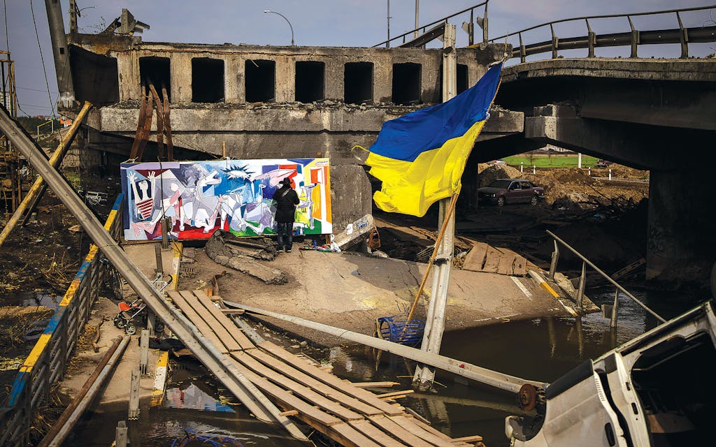 Marquez painting on a bridge destroyed in Irpin, near Kyiv