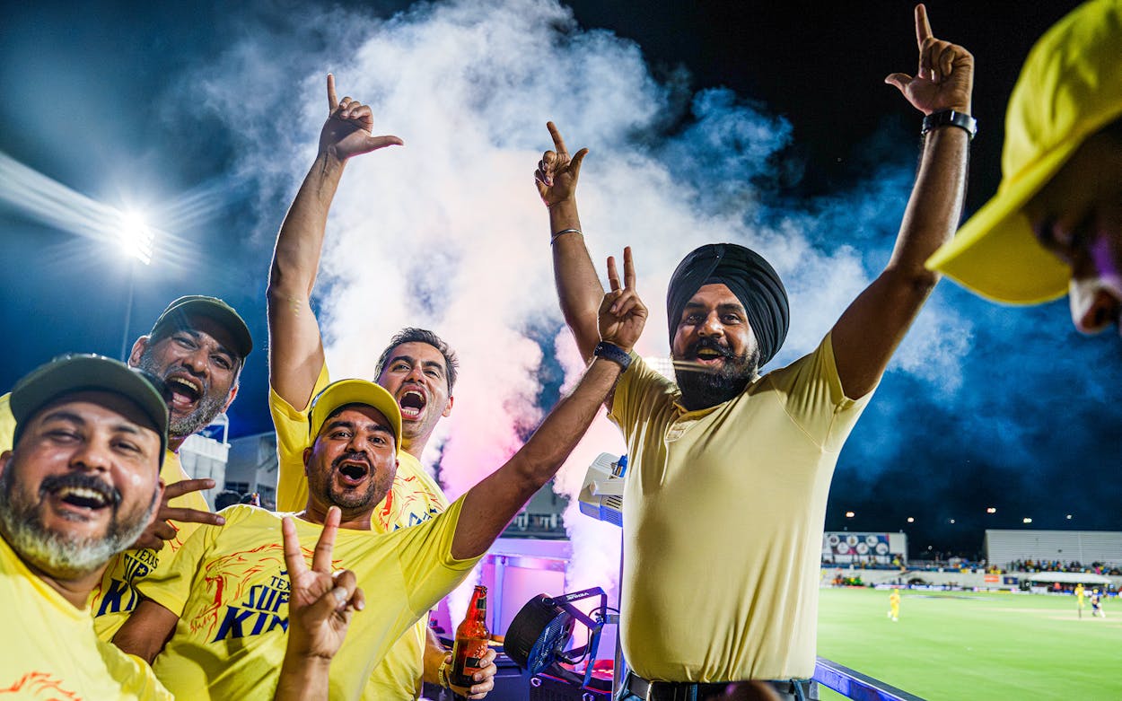 Fans cheer on the Texas Super Kings at MLC Stadium on July 13, 2023, in Grand Prairie.