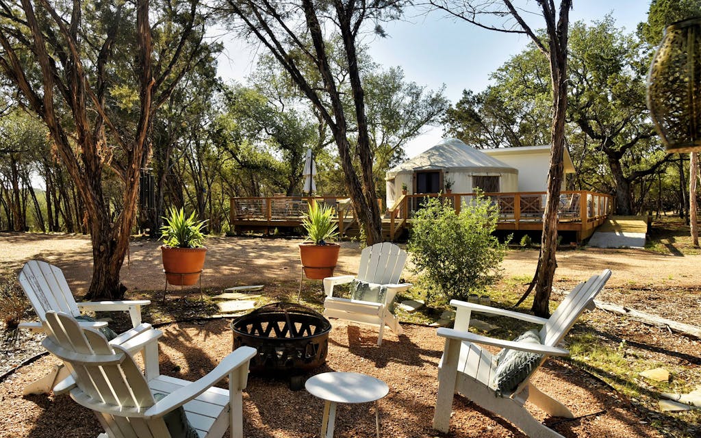 The outdoor hot tub at the tiny home in Wimberley. 