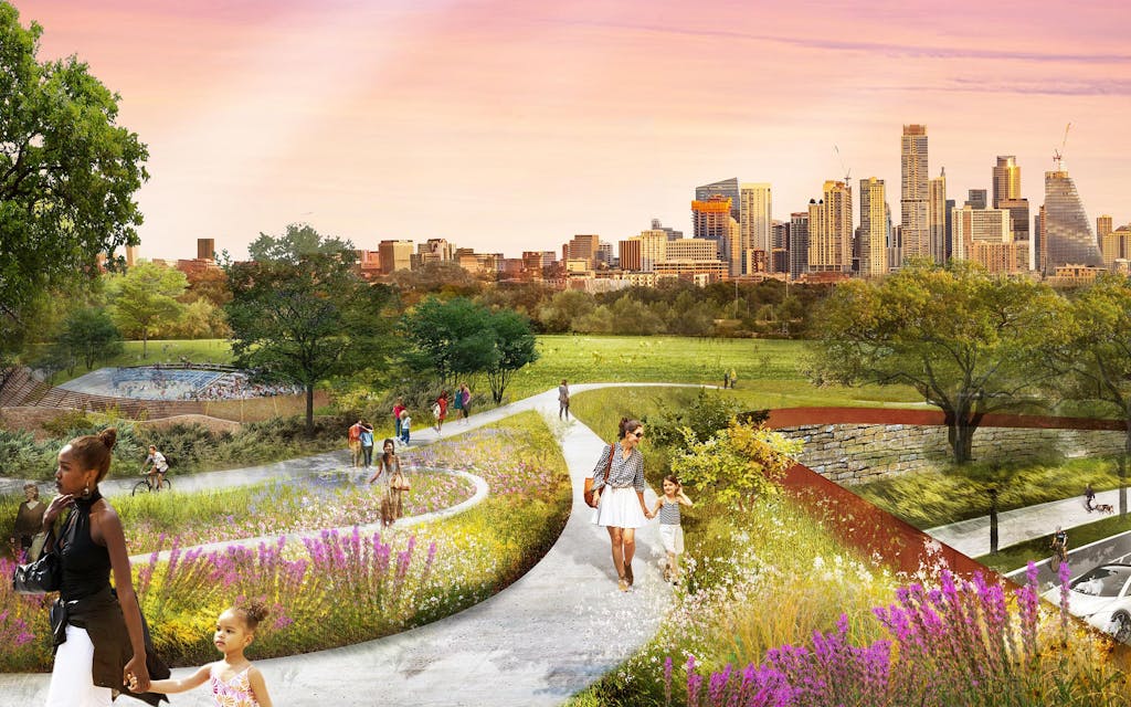 A rendering of the proposed land bridge connecting the Great Lawn to Barton Springs.
