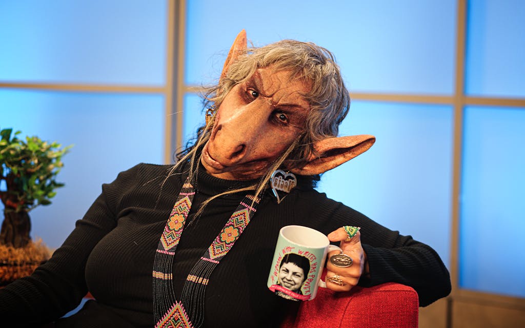 Performance artist Marisela Barrera in character as The Donkey Lady on the set of her new talk show.