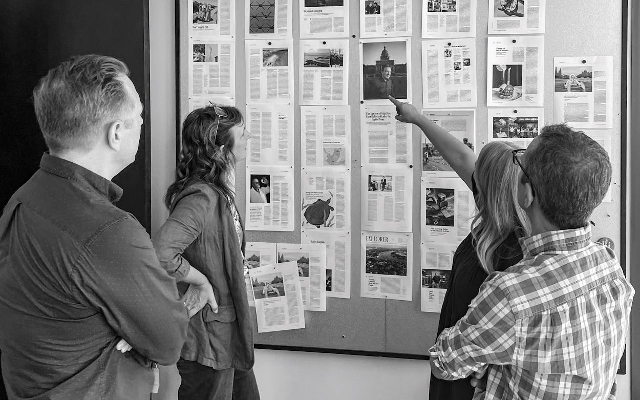 Deputy editor Ross McCammon, executive editor Kathy Blackwell, creative director Emily Kimbro and executive editor Jeff Salamon review proofs of the October issue on August 28, 2023.