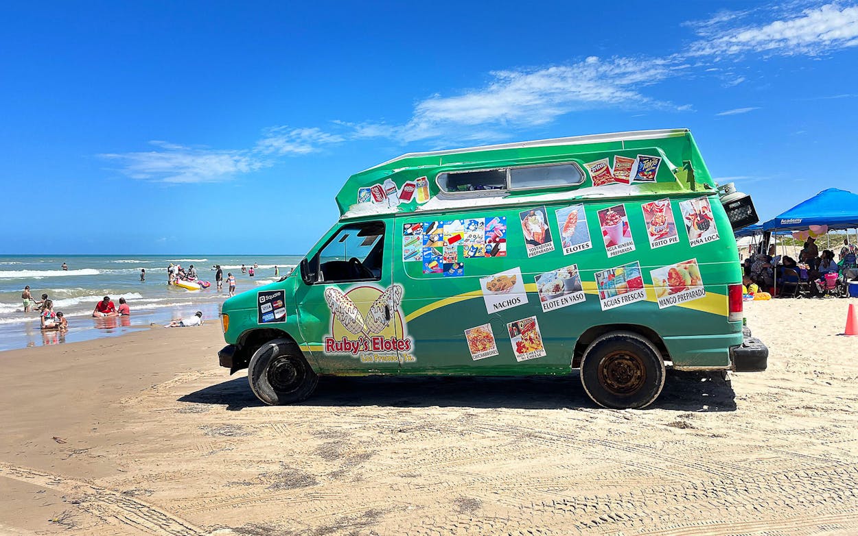 An elote van on the beach at South Padre Island.
