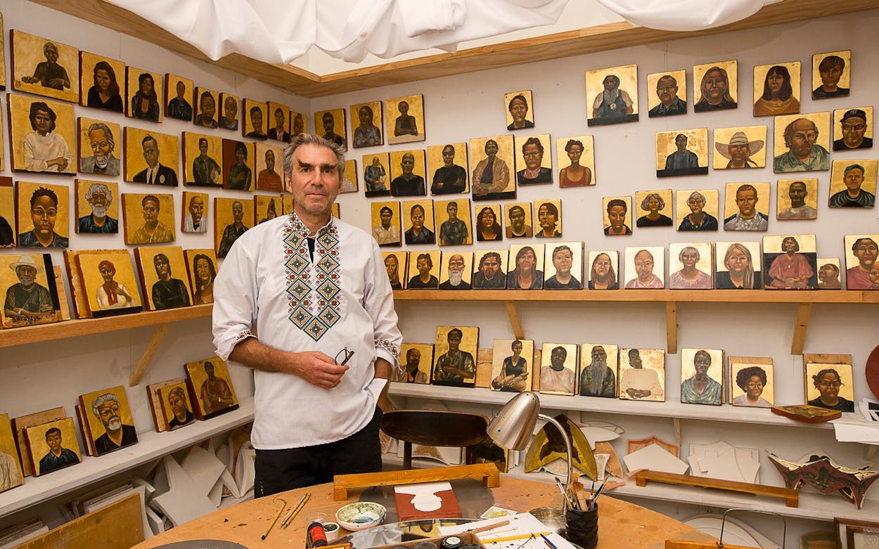 Nestor Topchy in front of his collection, Iconic Portrait Strand.