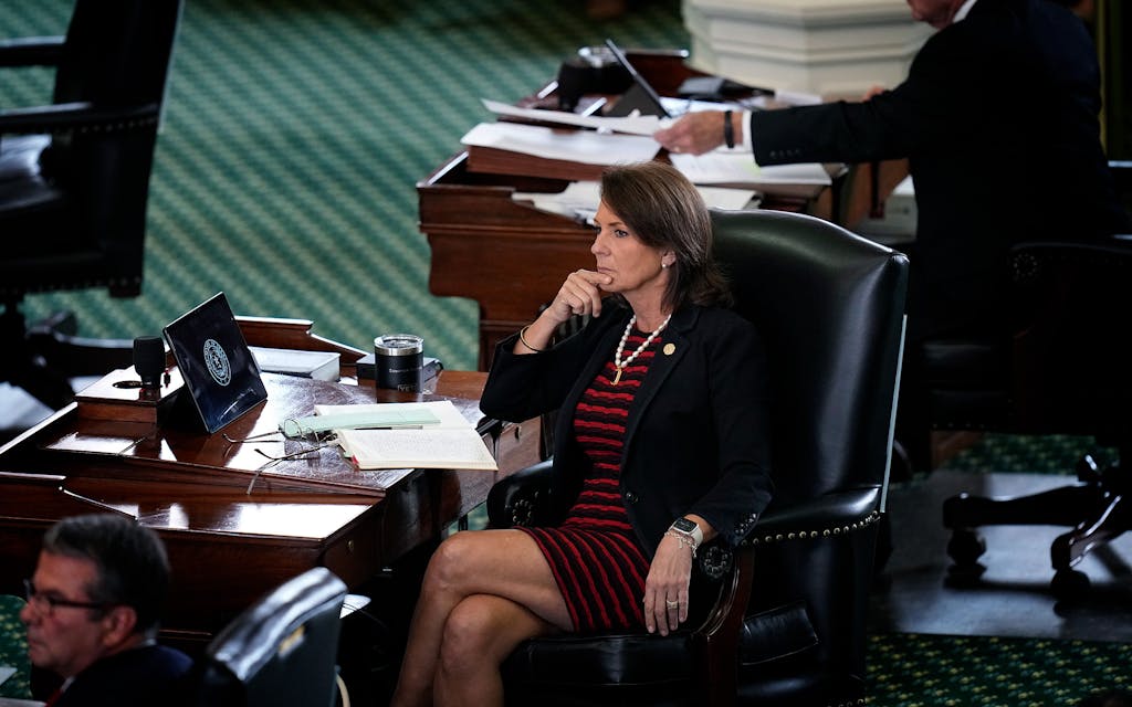 State Sen. Angela Paxton, R-McKinney, wife of suspended Texas state Attorney General Ken Paxton, keeps track of voting in his impeachment trial at the Texas Capitol, Saturday, Sept. 16, 2023, in Austin, Texas.