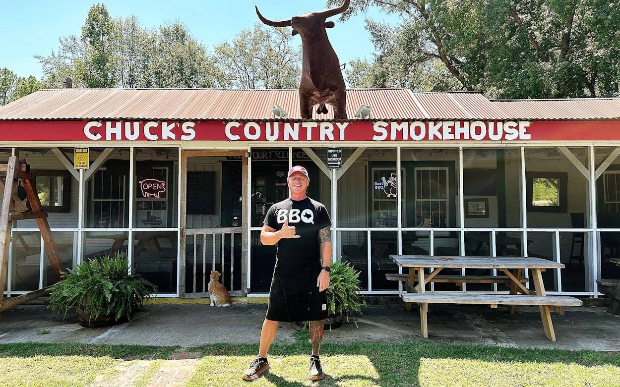Chuck Terrell outside Chuck's Country Smoke House in Carthage.